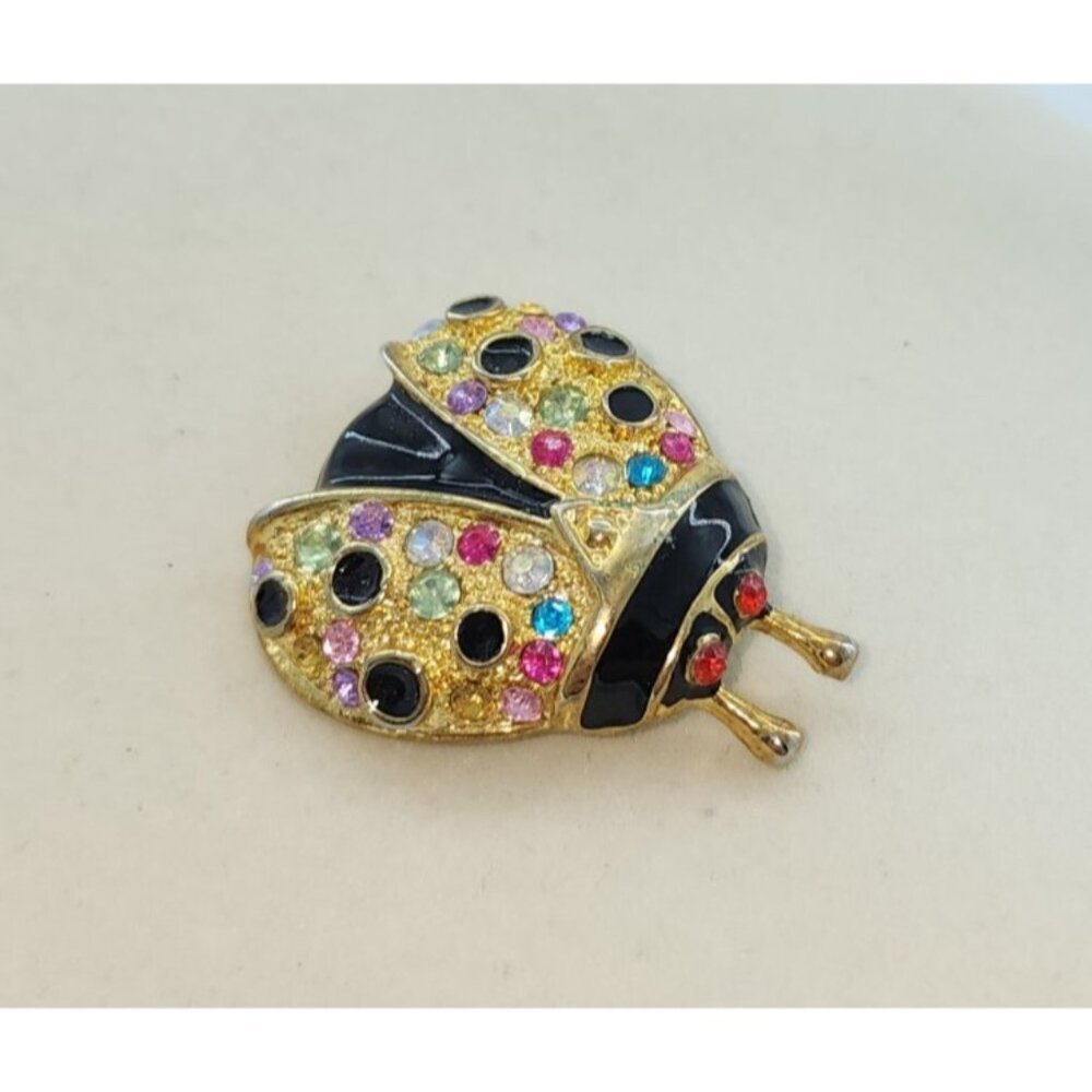 Vtg Unbranded Gold Tone Ladybug Brooch Pin Multicolor Rhinestone/Black Enamel‎